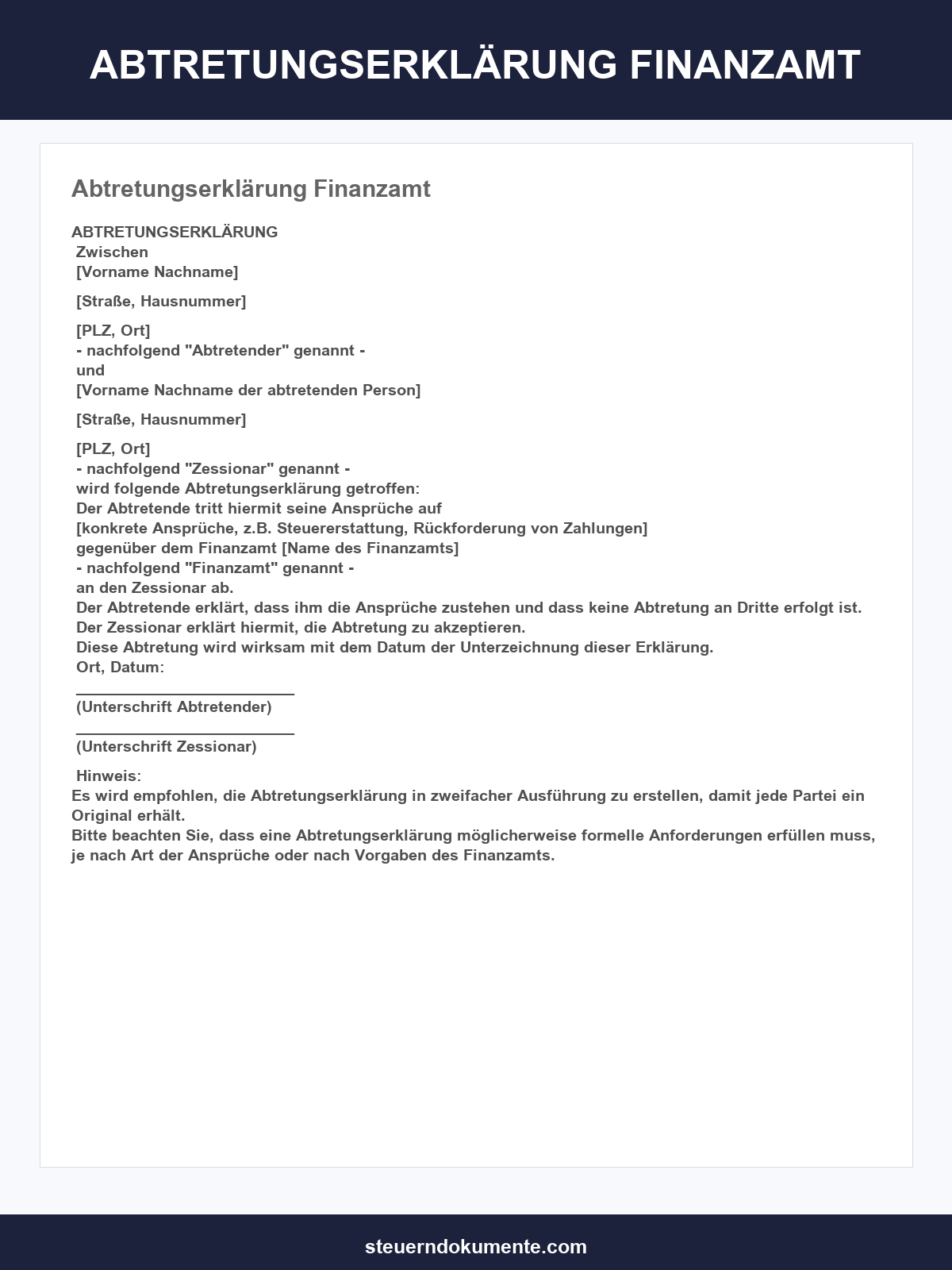 Abtretungserklärung Finanzamt Vorlage