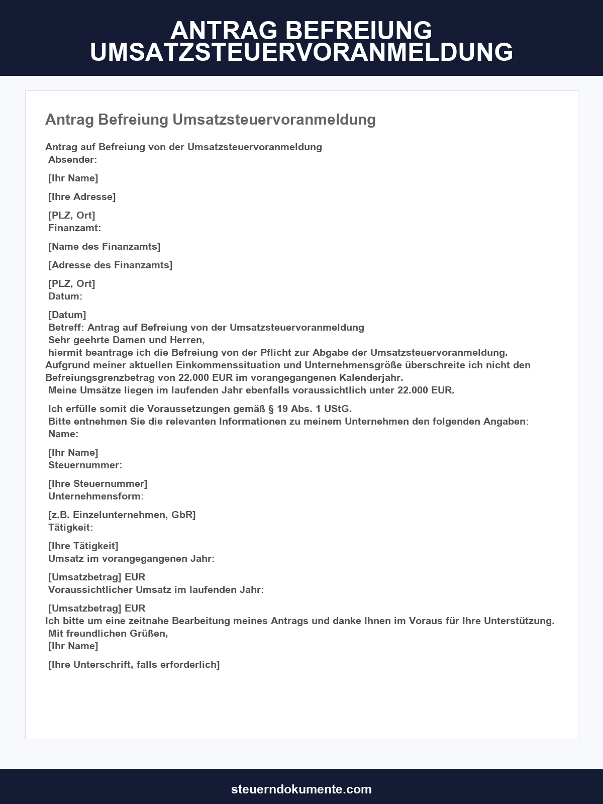 Antrag Befreiung Umsatzsteuervoranmeldung Muster