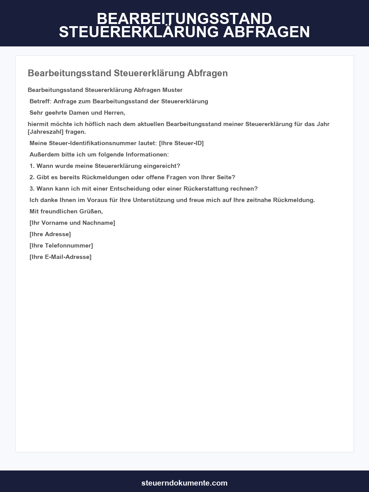 Bearbeitungsstand Steuererklärung Abfragen Muster