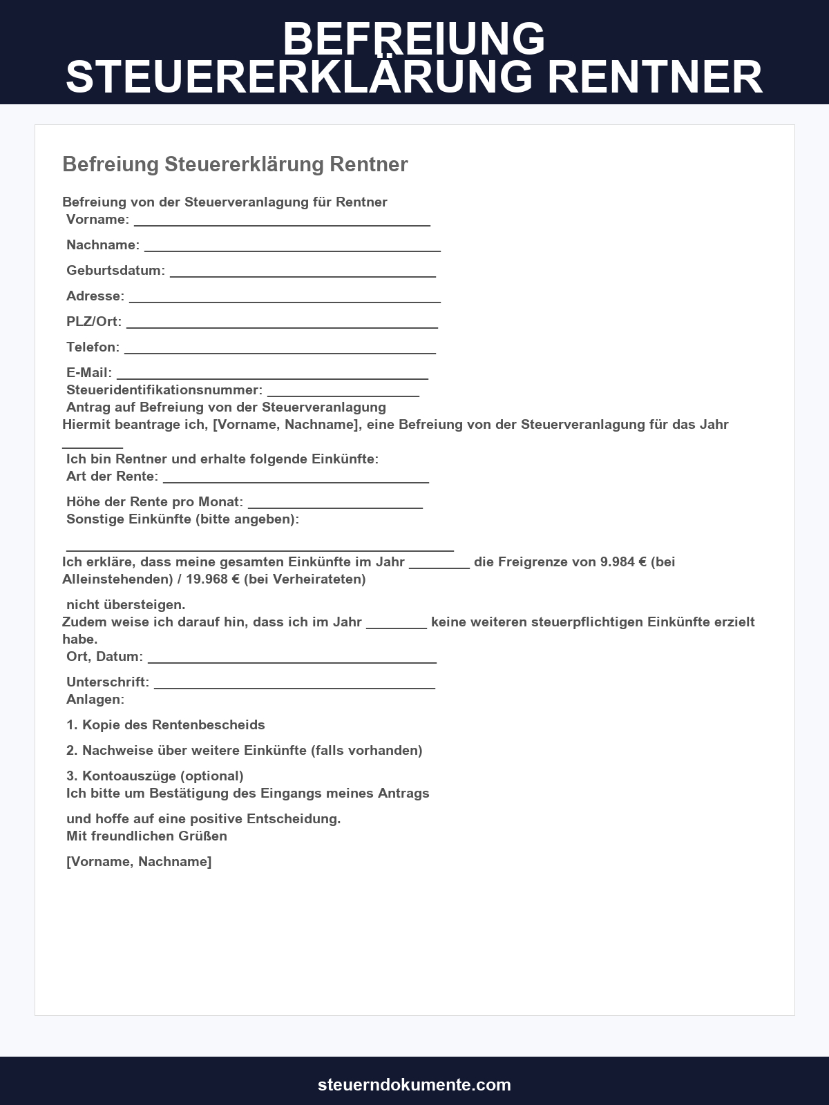 Musterbrief Befreiung Steuererklärung Rentner