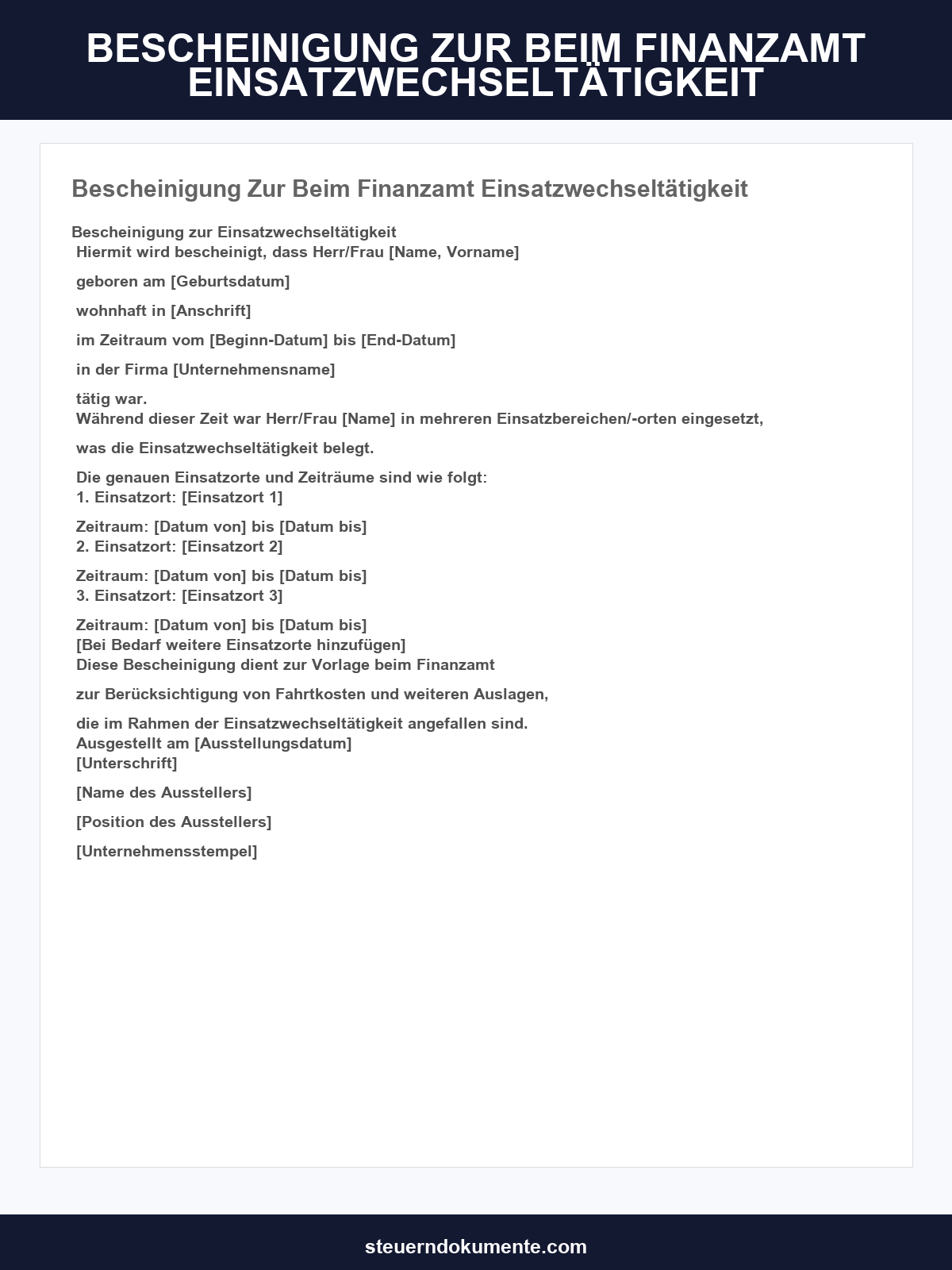Bescheinigung Zur Vorlage Beim Finanzamt Einsatzwechseltätigkeit