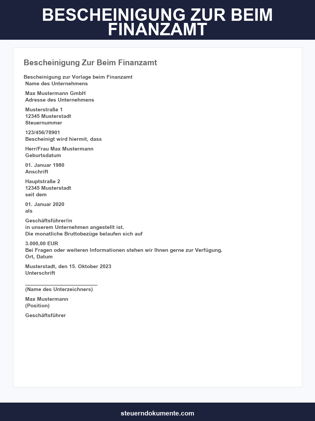 Bescheinigung Zur Vorlage Beim Finanzamt