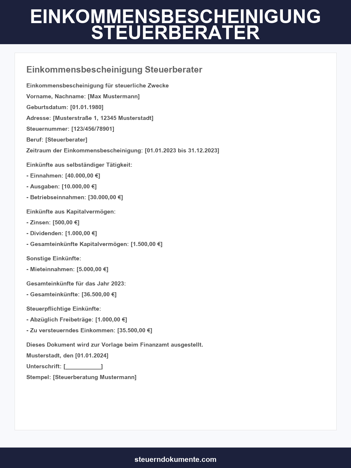 Einkommensbescheinigung Steuerberater Muster