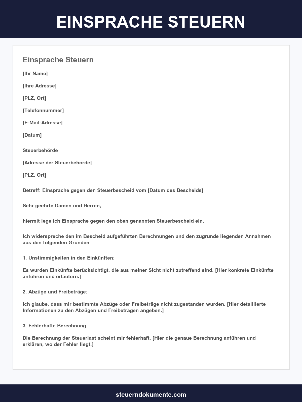 Einsprache Steuern Vorlage