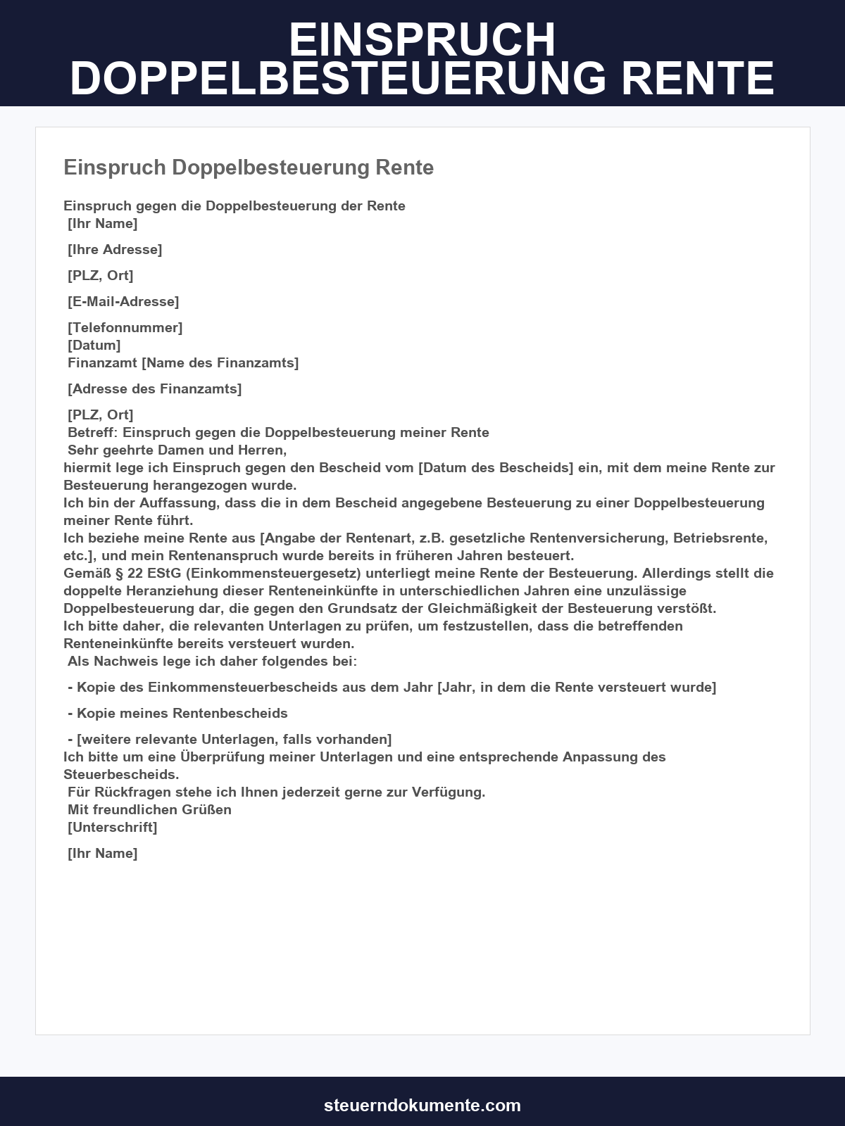 Musterschreiben Einspruch Doppelbesteuerung Rente