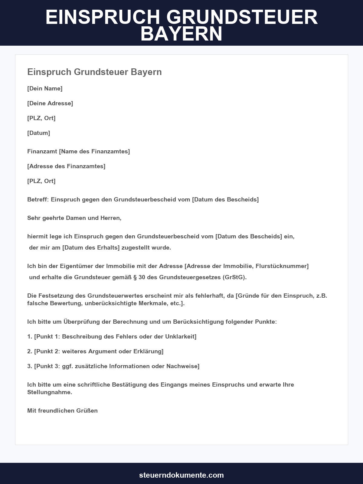 Musterschreiben Einspruch Grundsteuer Bayern