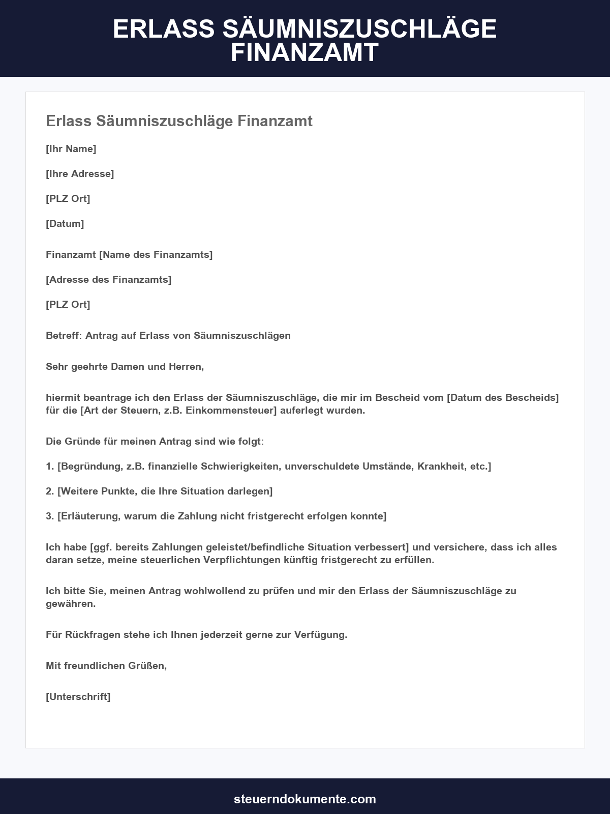 Musterschreiben Erlass Säumniszuschläge Finanzamt