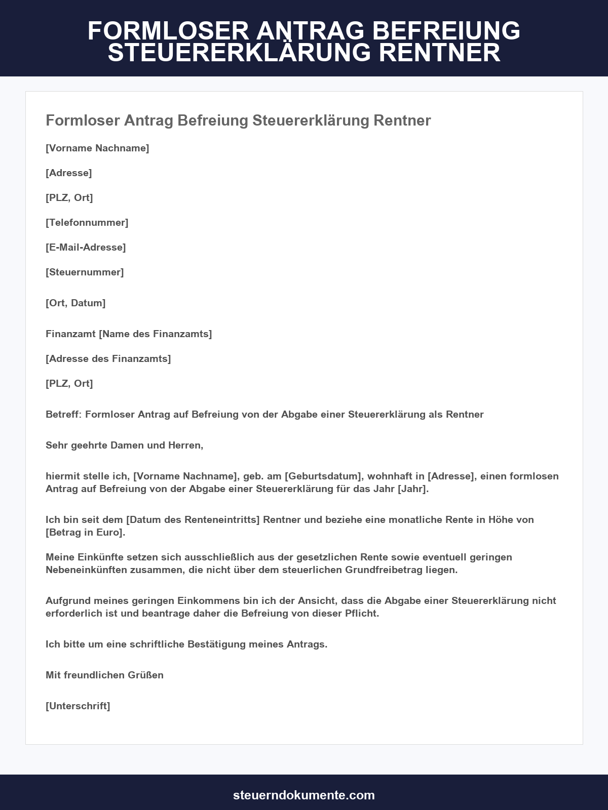 Formloser Antrag Befreiung Steuererklärung Rentner