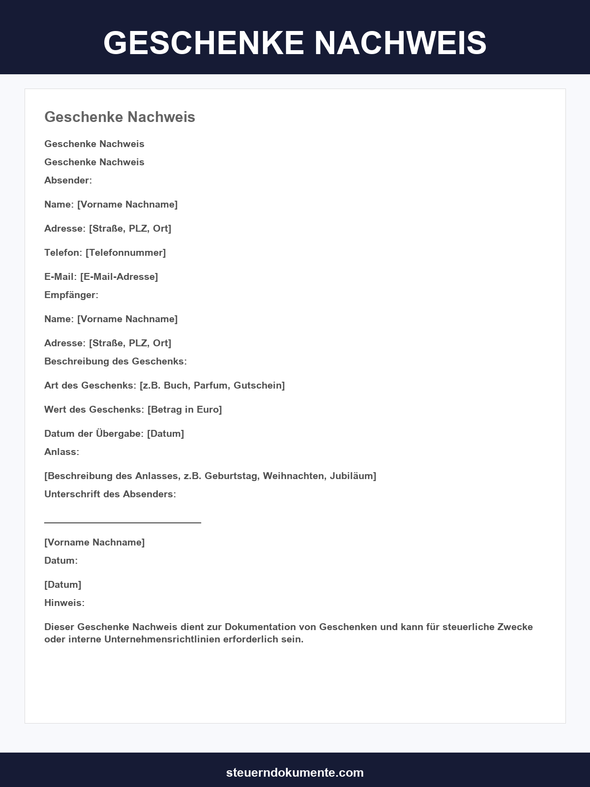 Vordruck Geschenke Nachweis