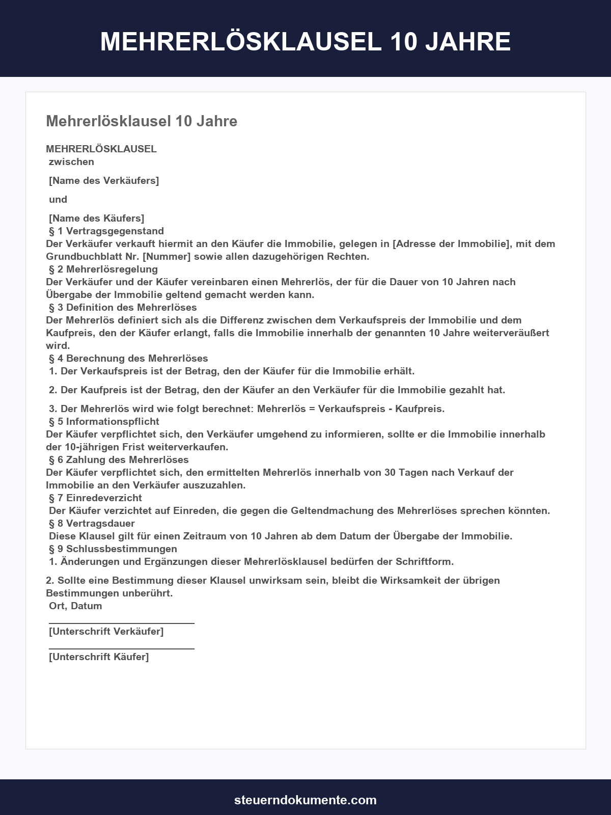 Mehrerlösklausel 10 Jahre