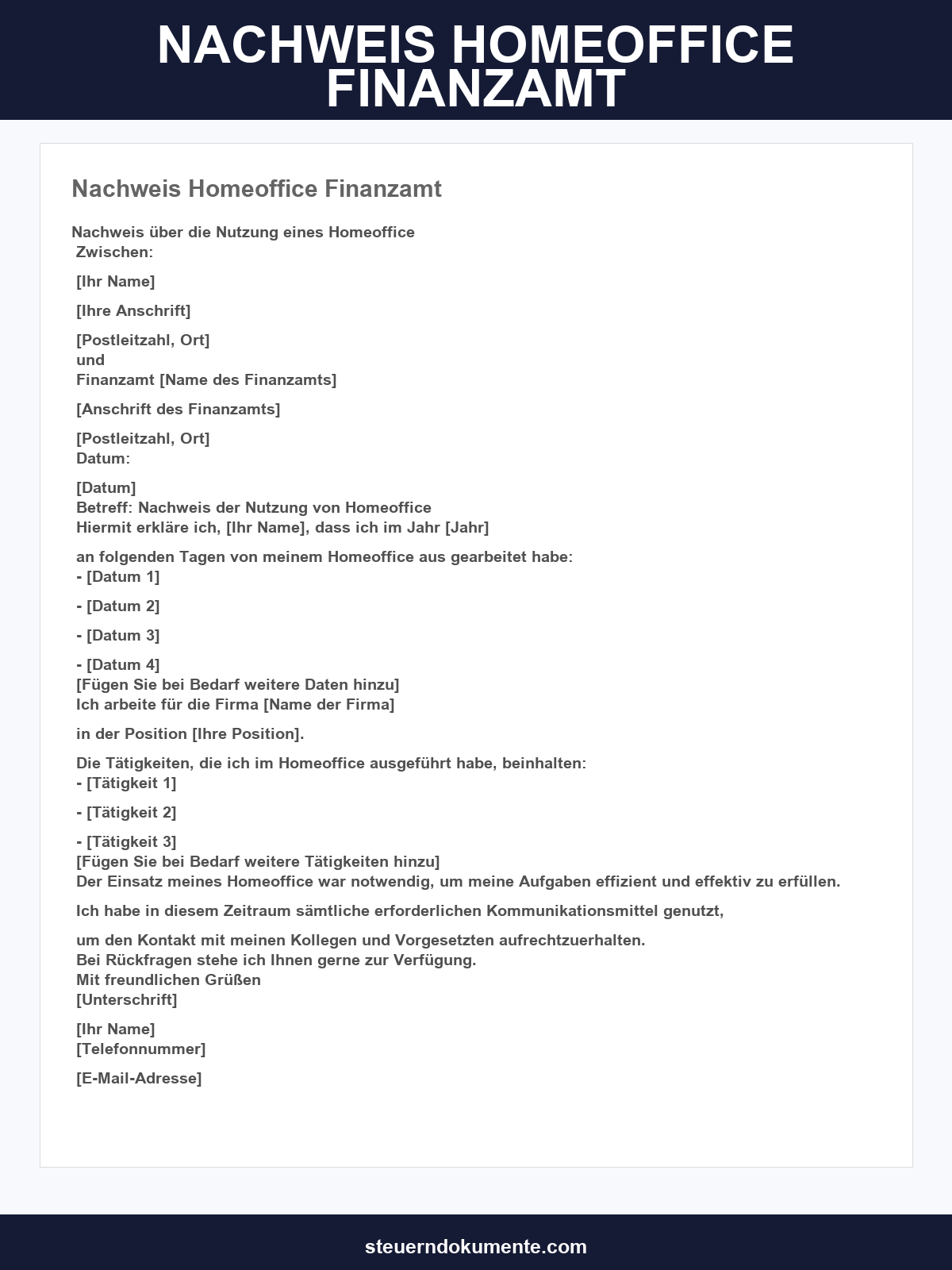 Nachweis Homeoffice Finanzamt Vorlage