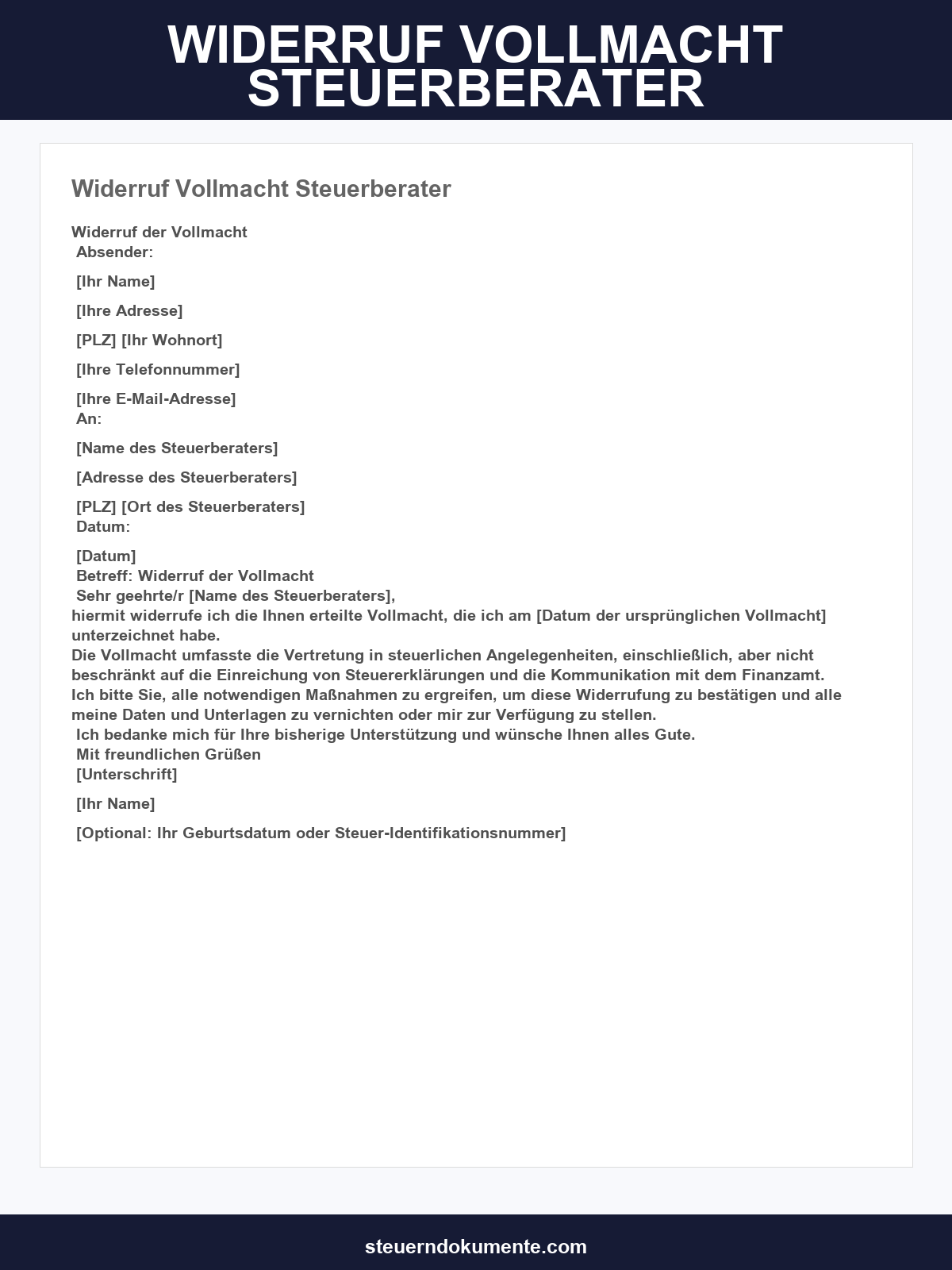 Widerruf Vollmacht Steuerberater Muster