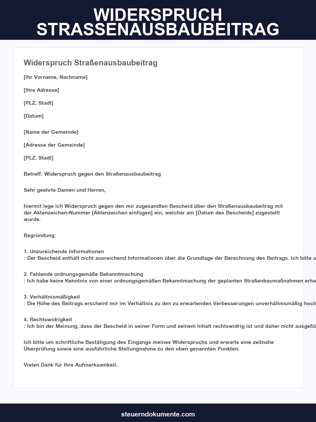 Widerspruch Straßenausbaubeitrag Musterbrief