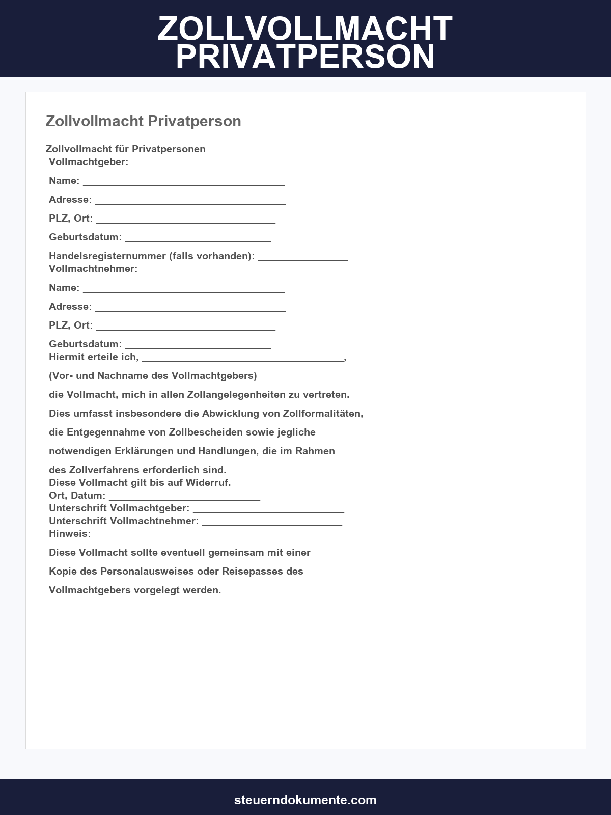 Zollvollmacht Privatperson